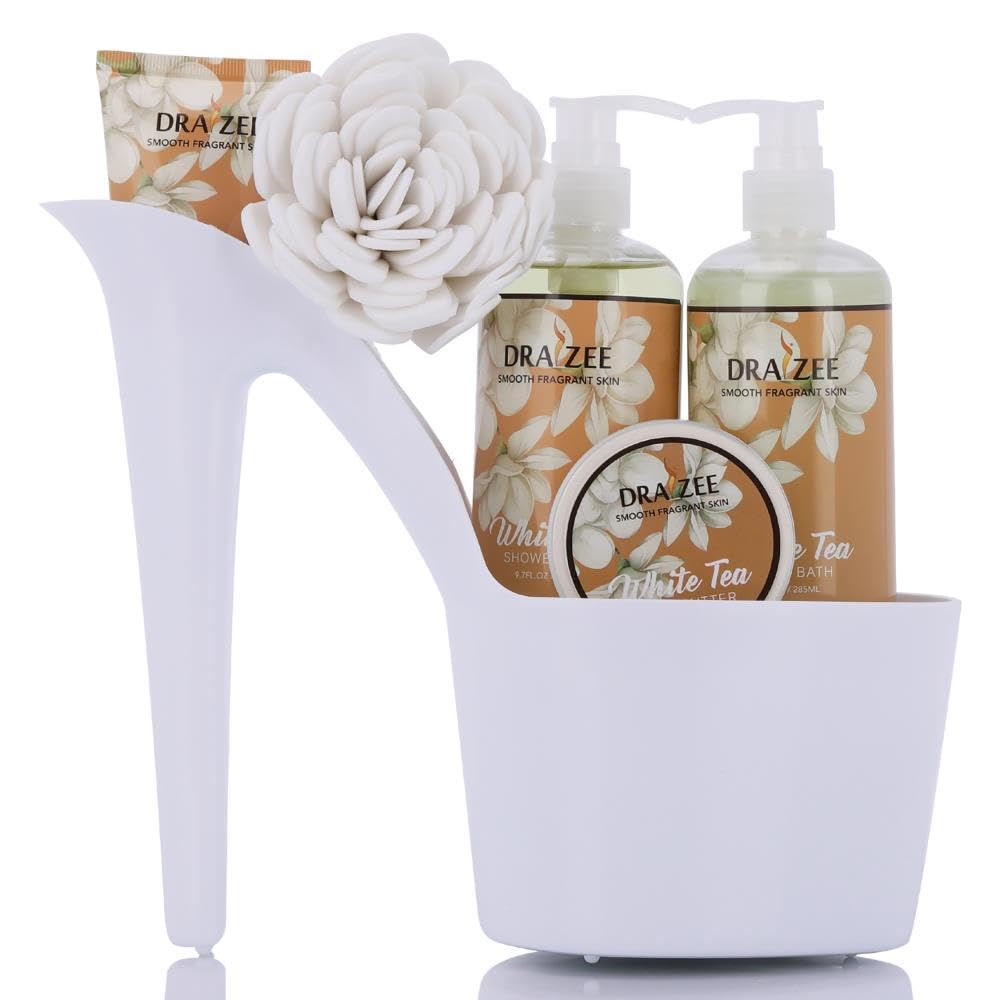 Spa Gift For Women - 5 Pcs Luxury Heel Shoe Spa Basket For Women White Tea Scent Home Relaxation Set W/ Body Lotion & Butter, Sh
