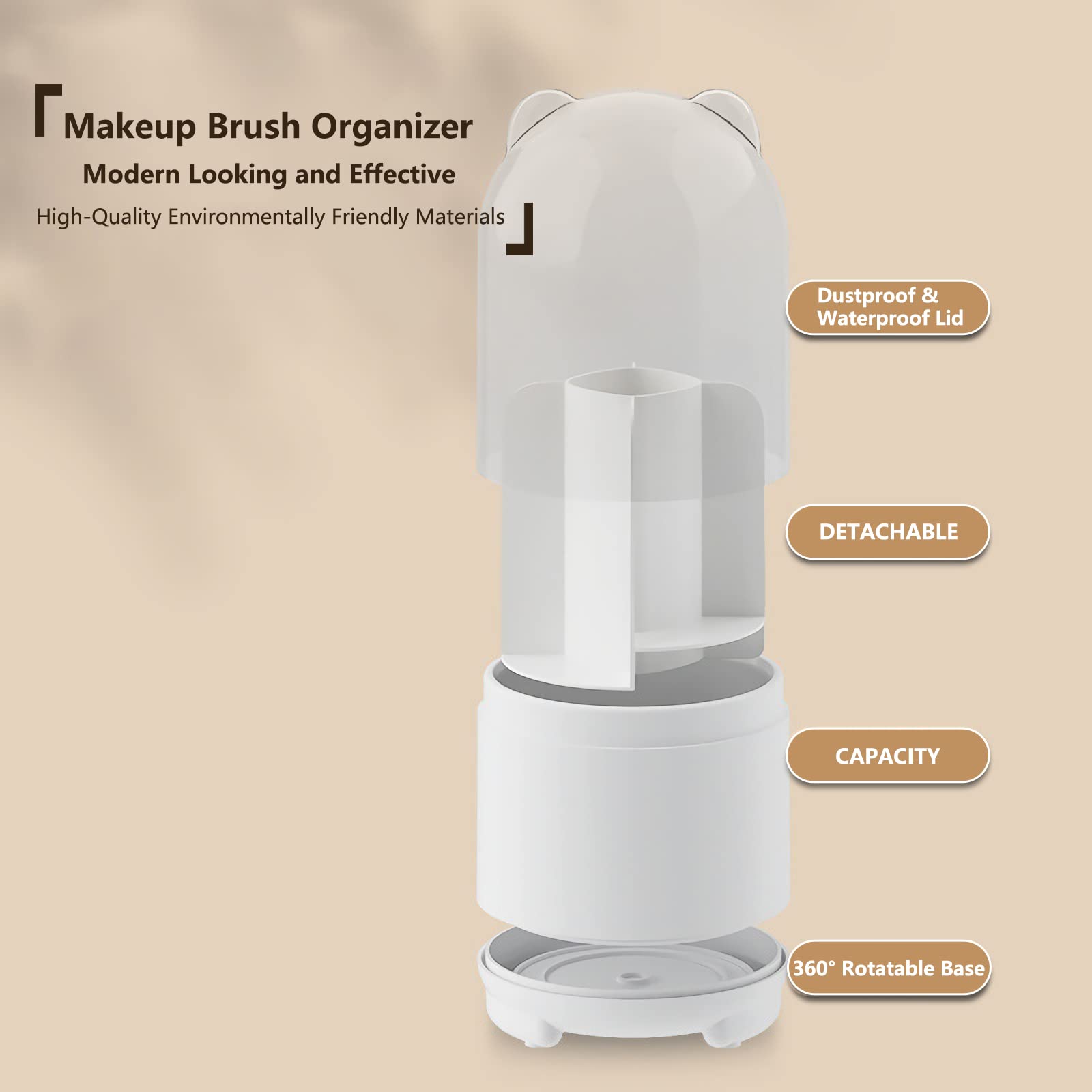 Ltytz Cute Makeup Brush Holder Organizer With Lid, Rotating Dustproof Make Up Brushes Container With Clear Acrylic Cover For Van