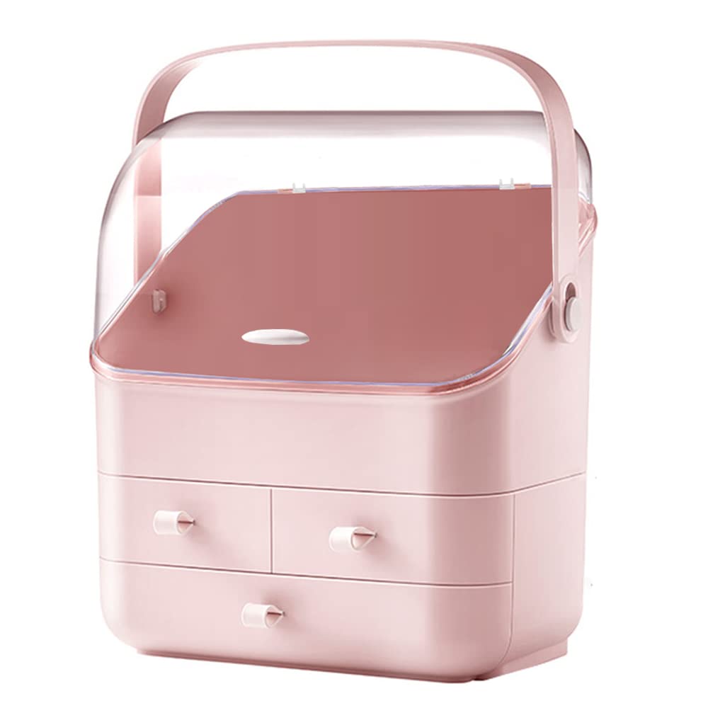 LINFIDITE Cosmetic Storage Box with Lid Waterproof&Dustproof Makeup Organizer Box Portable Handle,Large Makeup Display Case with