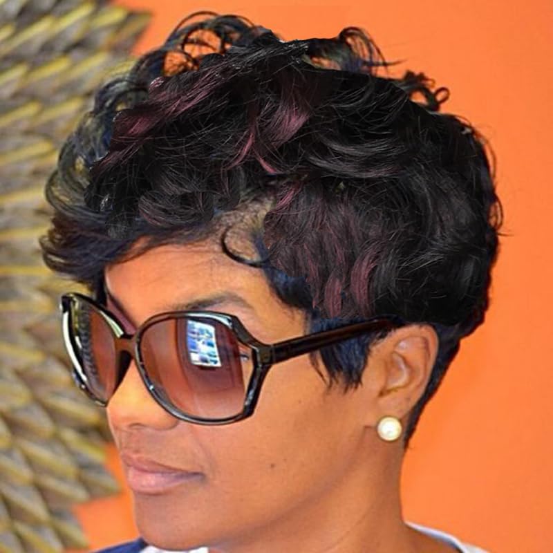 HOTKIS Human Hair Short Curly Wigs for Black Women Pixie Cut Wig Human Hair Burgundy Short Wigs Human Hair Short Curly Human Hai