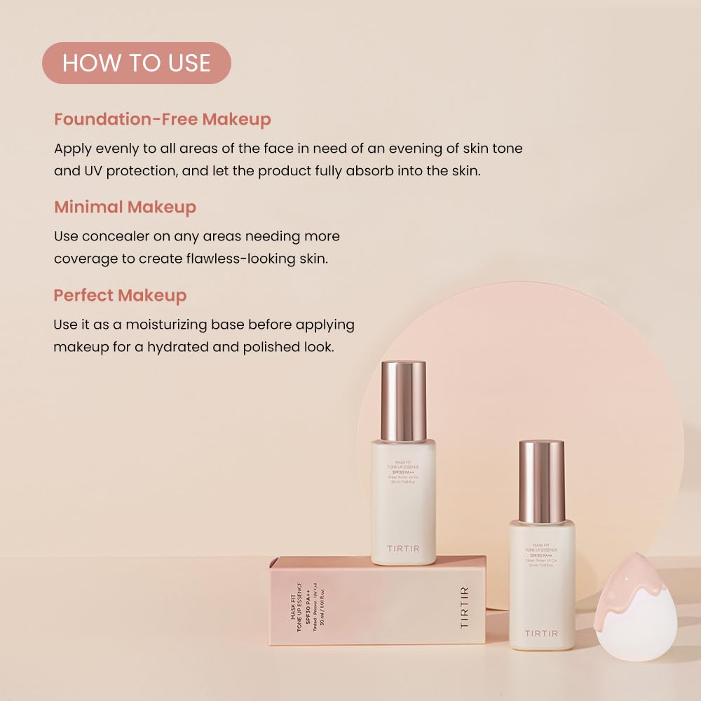 TIRTIR Mask Fit Tone Up Essence | Tinted Moisturizer, All-in-one base, Glass skin look, Deep Hydration, Long-lasting, Natural Co