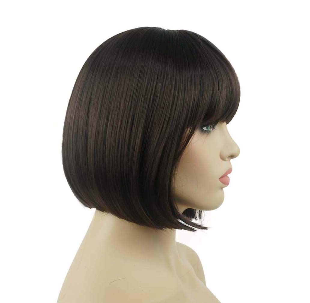 Lydell 8'' Straight Short Bob Hair Flat Bangs Cute Central Dot Skin Top Heat Resistant Synthetic Wigs (6 Chestnut Brown)