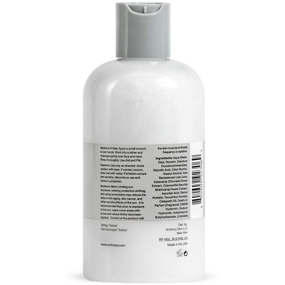 Anthony Glycolic Facial Cleanser for Men, Daily Exfoliating & Hydrating Face Wash, Shave Prep, Non-Foaming, Deep Cleansing, Gent