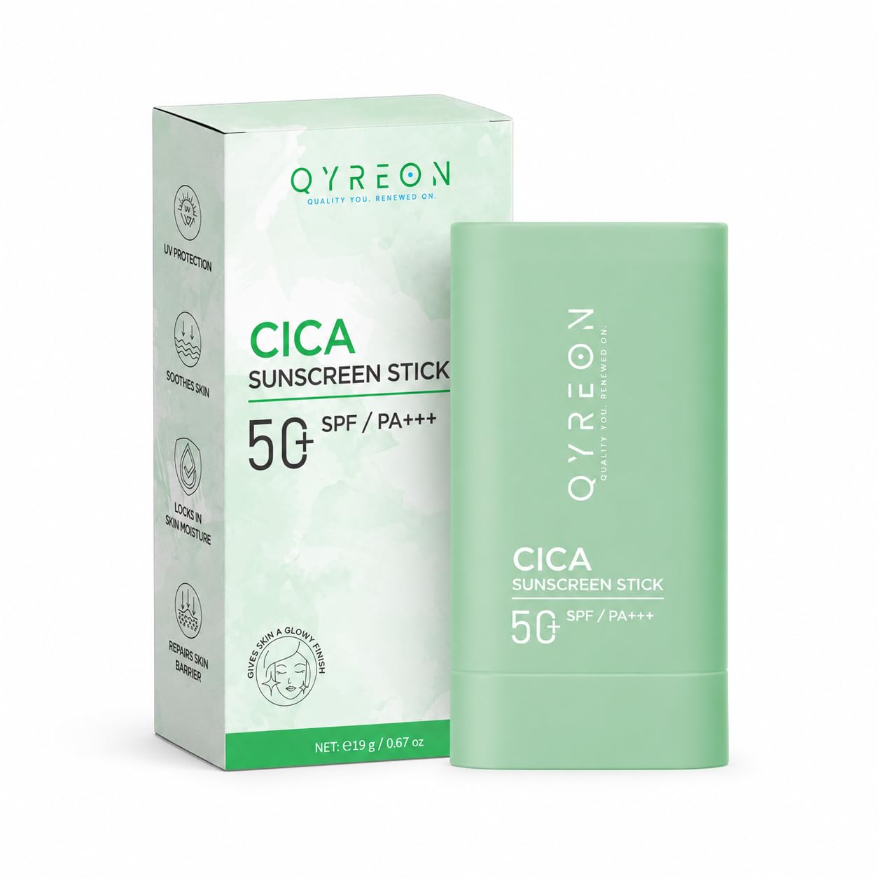 QYREON CICA Sunscreen Stick SPF 50 with Centella Asiatica  Travel Size Face & Neck Sunscreen for Daily Use, Lightweight Portabl