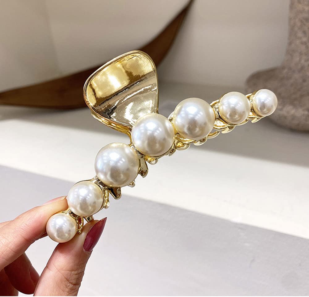 Kolonams Hair Clip, Large Pearl Gold Metal Hair Claw Clips, Nonslip Hair Accessories For Thick Long Hair, Birthday Gift For Wome