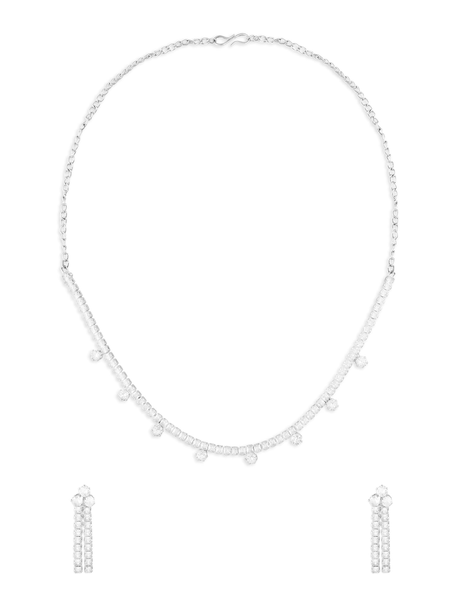 Zaveri Pearls Silver Tone Dazzling Diamonds Embellished Party Bling Minimal Necklace & Earring Set For WomenZpfk17614