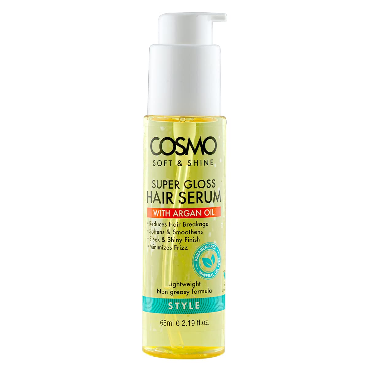 Cosmo Soft & Shine Super Gloss Hair Serum 65Ml | With Argan Oil | Reduces Hair Breakage | All Hair Types | Paraben Free | Minera