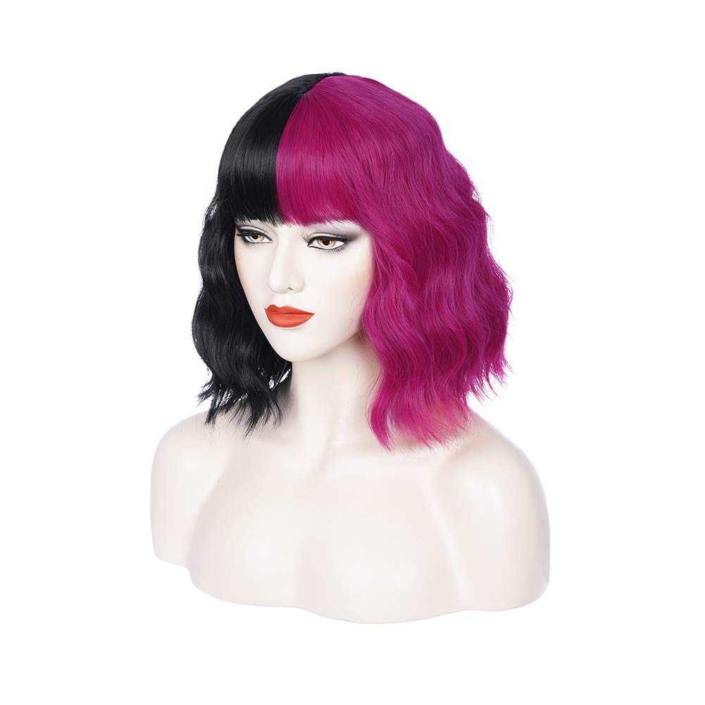 PATTNIUM Two Tone Black Pink Wig - Short Curly Synthetic Hair with Bangs, Model GG42, Heat Resistant Cosplay Party Wig