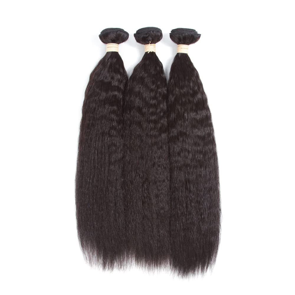 Kerriana Kinky Straight Human Hair Bundles, Kinky Straight Sew In 100% Unprocessed Brazilian 3 Bundles 10 12 14 Inch For Black W