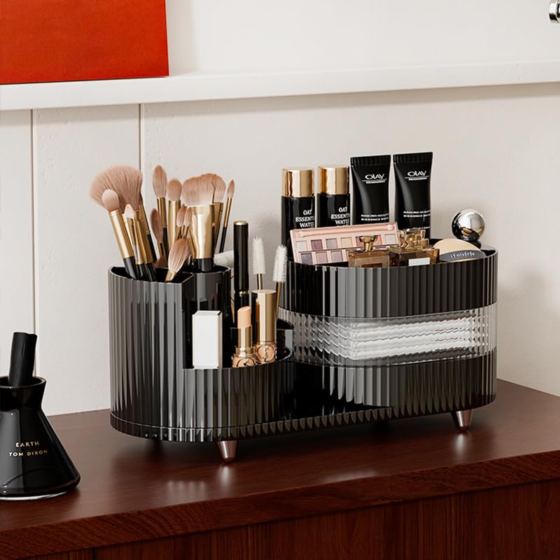 Rotating Makeup Organizer For Vanity With Brush Holder, Cosmetic Makeup Storage Organizer, Large Spinning Makeup Skincare Organi