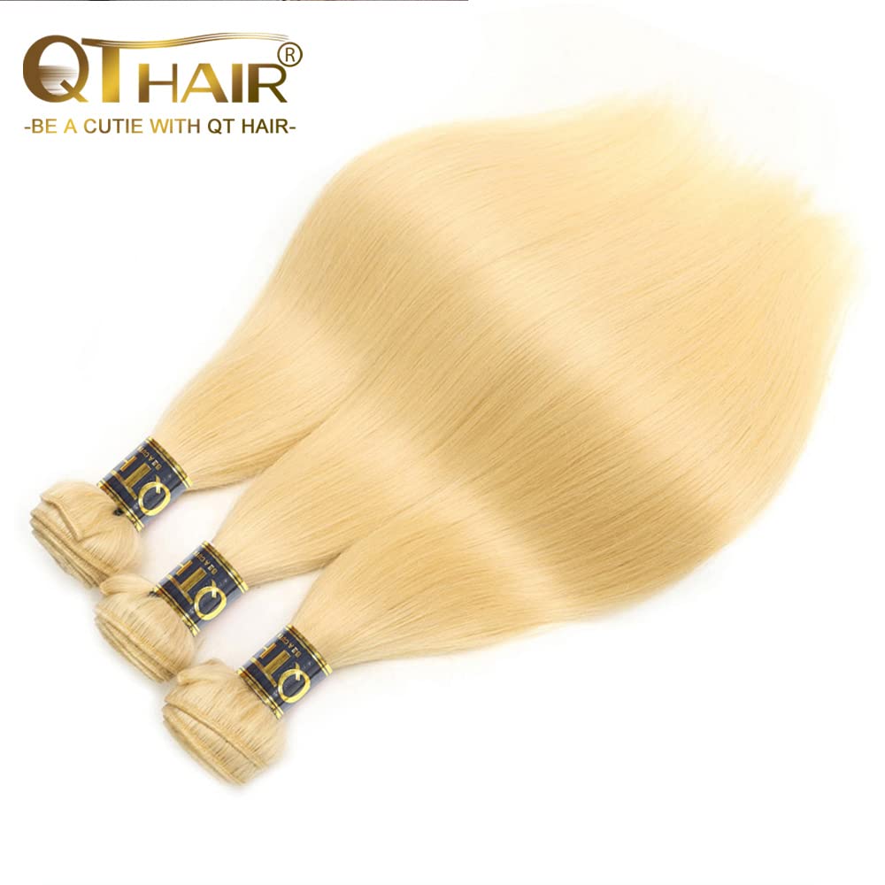 Qthair 14A 613 Blonde Hair Bundles 16'' 18'' 20'' 300G 14A Grade Brazilian Virgin Straight Human Hair 3 Bundles 100% Unprocessed