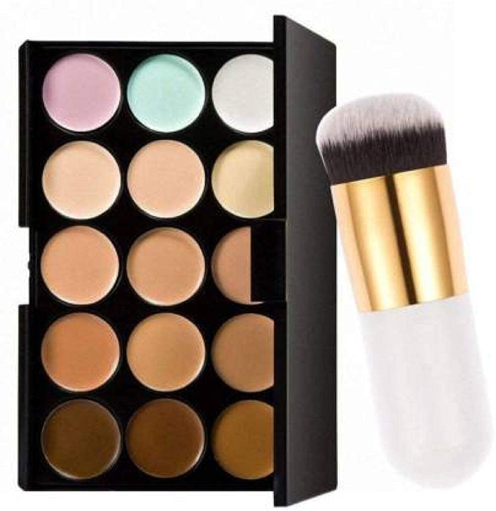 Khelni 15 Color Cream Concealer Palette With White Foundation Brush