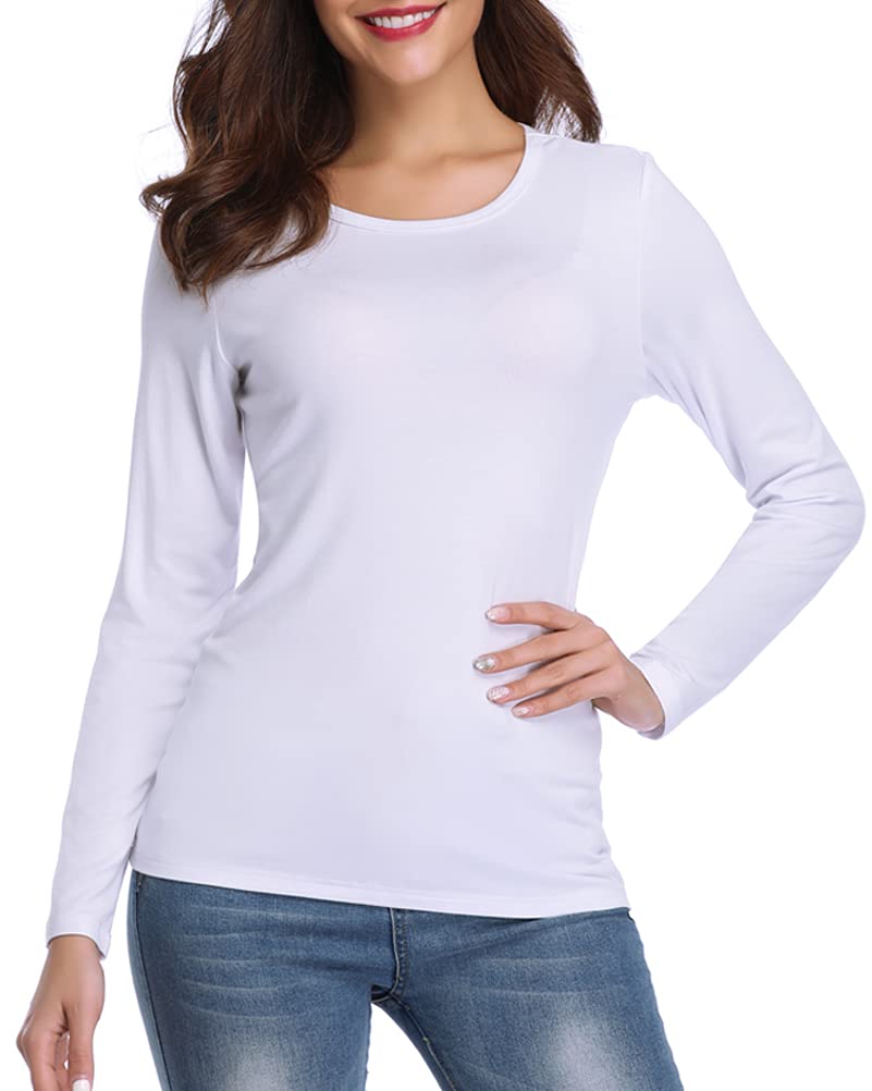 Fuinloth Womens Basic Long Sleeve T Shirts, crewneck Slim Fit Spandex Tops, Plain Layer Underscrub Tees White Small
