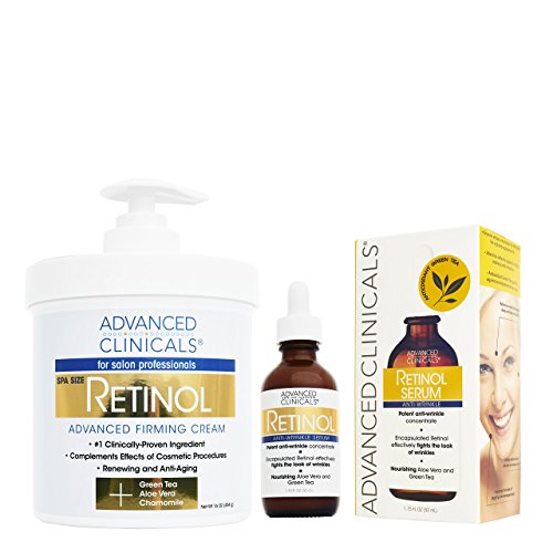 Advanced Clinicals 2 piece retinol skin care set. 16oz Spa Size Retinol Firming Cream and 1.75oz Retinol Serum for wrinkles, fin
