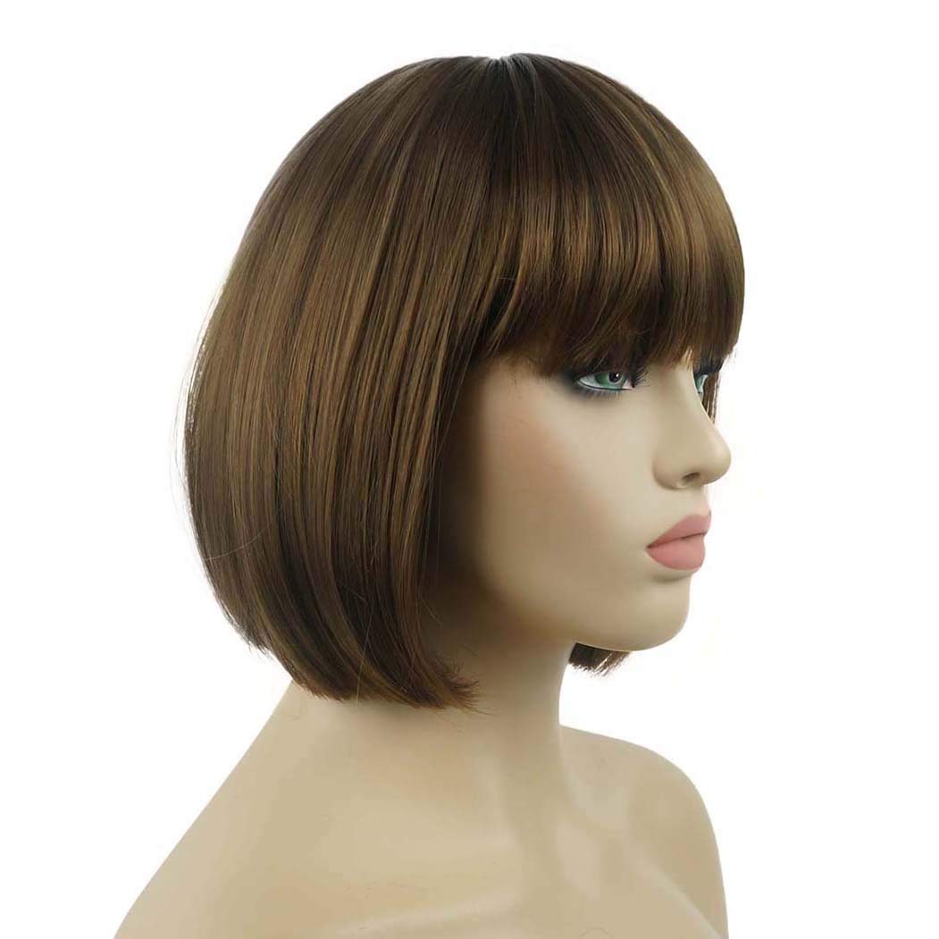 Lydell 8'' Straight Short Bob Hair Flat Bangs Cute Central Dot Skin Top Heat Resistant Synthetic Wigs (Light Reddish Golden Brow