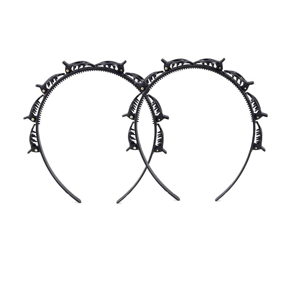 2Pcs Black Double Bangs Hairstyle Hairpin Headband With 8 Small Clips  Women Double Layer Twist Plait Headband Hair Tools,Twist