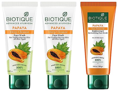 Biotique Papaya Deep Cleanse Face Wash For Visibly Glowing Skin All Skin Types 2X100Ml & Biotique Papaya Tan Removal Brightening