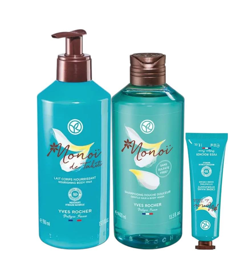Yves Mono de Tahiti Monoi Moisturizing Body Hair Gel Milk and Hand Cream Set of 3 Coconut and Tiare Scent All Skin Types 390 ml.