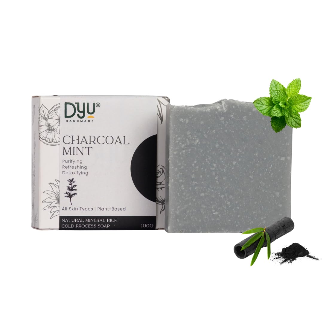Dyu Handmade Detoxing Activated Charcoal & Peppermint Soap | Cold Processed Bathing Bar | Tan Removal Body Wash For Men | Deep C