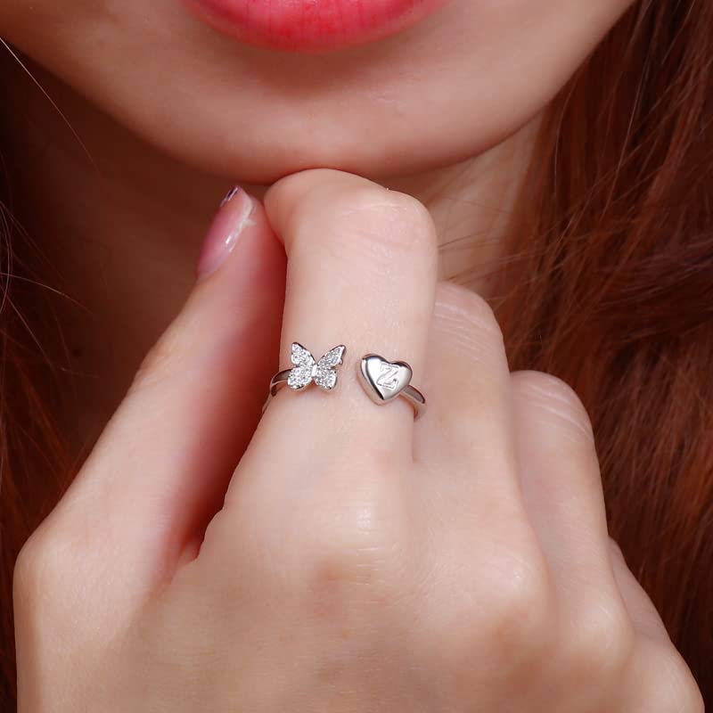 INENIMARTJ Initial Rings for Women Stackable Butterfly Initial Letter Rings Adjustable Crystal Inlaid U Capital Alphabet Ring Ro