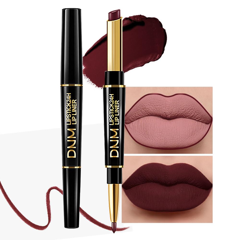 HHLTOH 2-in-1 Deep Red Lip Liner & Lipstick Set Kit for Women, DNM Matte Lips Kit with Lip Liner Lip Stains Long Lasting Waterpr
