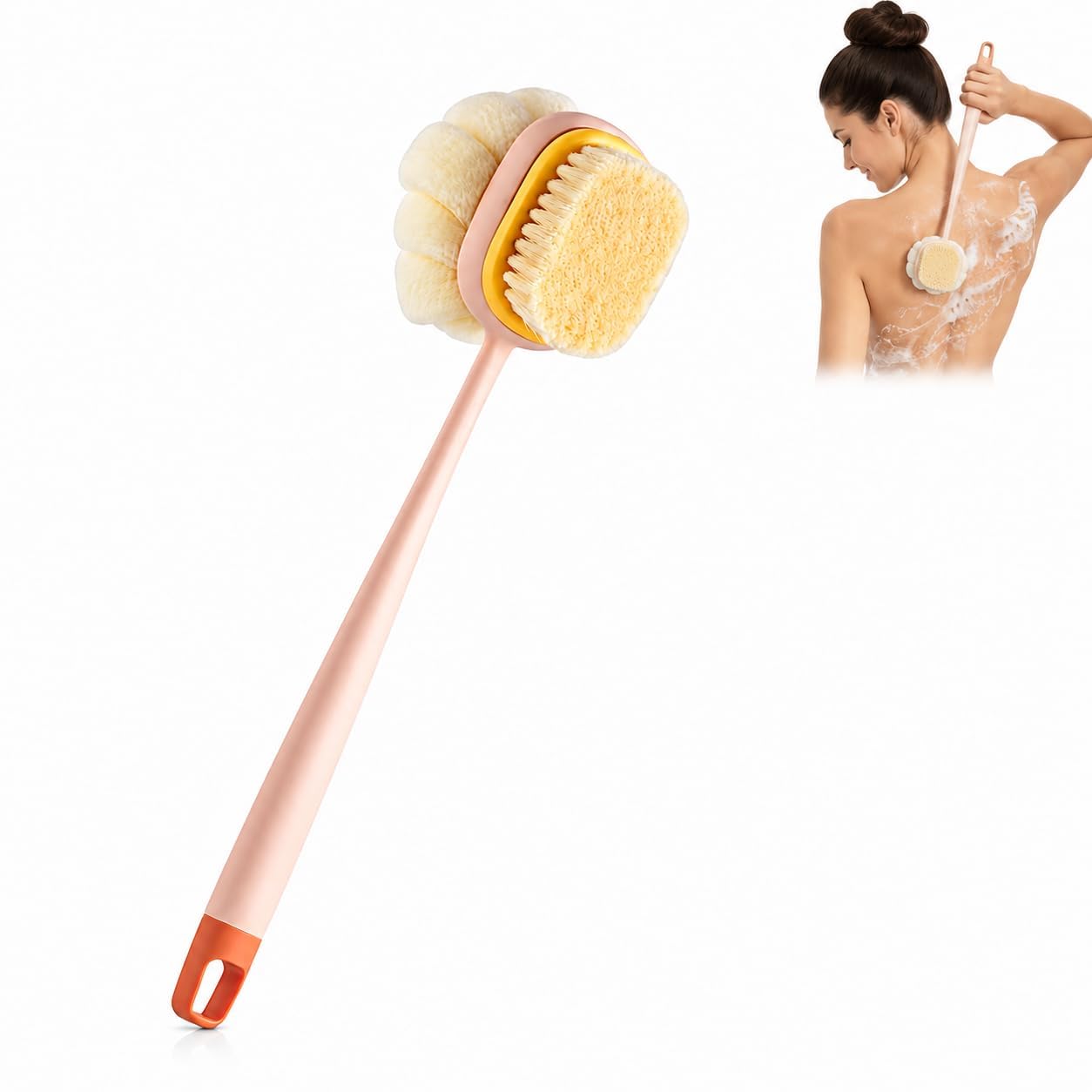 2 In 1 Loofah Bath Brush Pcs 1 | Long Handle Bath Scrubber with Soft Loofah & Brush | Body Cleaning and Exfoliating Bath Tool
