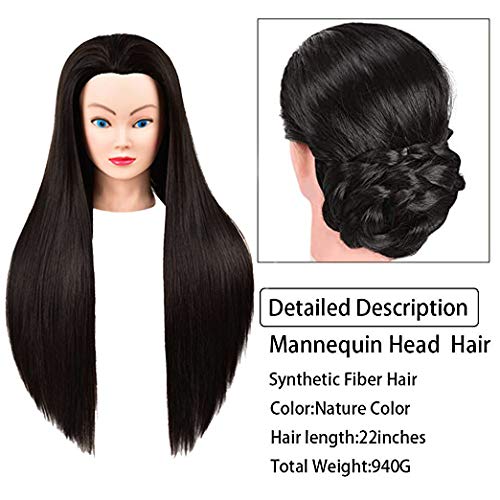 headdoll Mannequin Head for Hair Styling, Jet Black, 1 Count, Training Head with Long Fiber Hair for Cosmetology Practice
