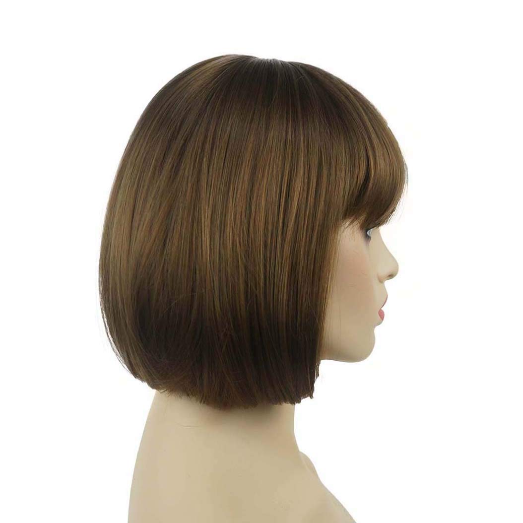 Lydell 8'' Straight Short Bob Hair Flat Bangs Cute Central Dot Skin Top Heat Resistant Synthetic Wigs (Light Reddish Golden Brow