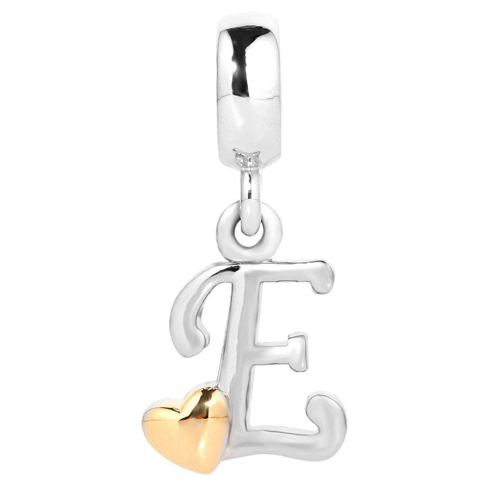 QueenCharms Initial A-Z Letter Charm Golden Heart Alphabet Dangle Beads For Bracelets & Necklaces (E)