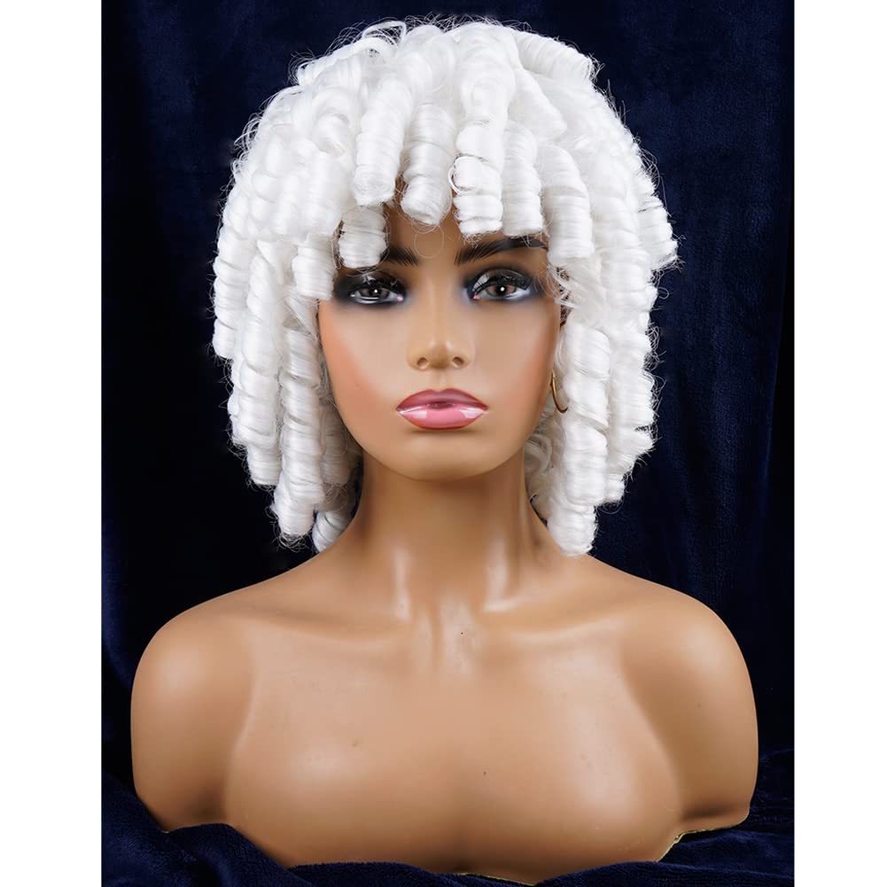 Andromeda White Curly Wigs For Black Women White Soft Short Curly Wig With Bangs Heat Resistant Synthetic Fiber Hair Cosplay Par
