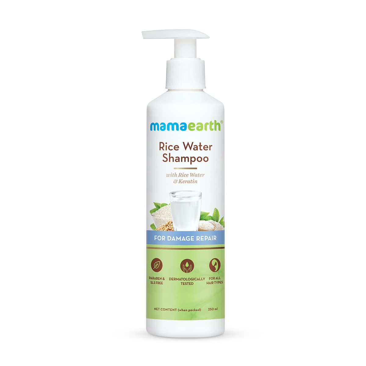 Mamaearth Rice Water Shampoo With Rice Water & Keratin For Damage Repair - 250 Ml | Reduces Split Ends | Prevents Breakage