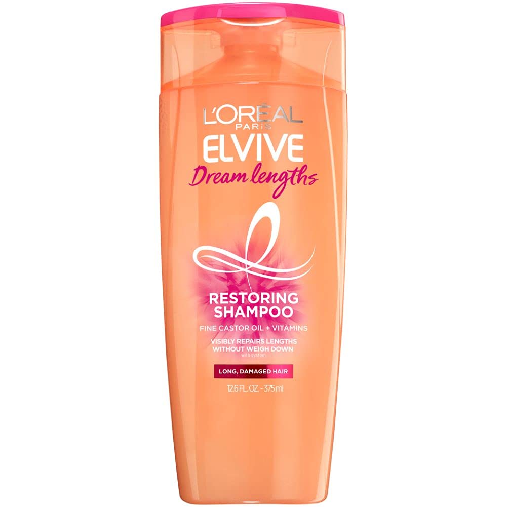 LOreal Paris Elvive Dream Lengths Restoring Shampoo with Fine Castor Oil and Vitamins B3 and B5 for Long, Damaged Hair, Visibly