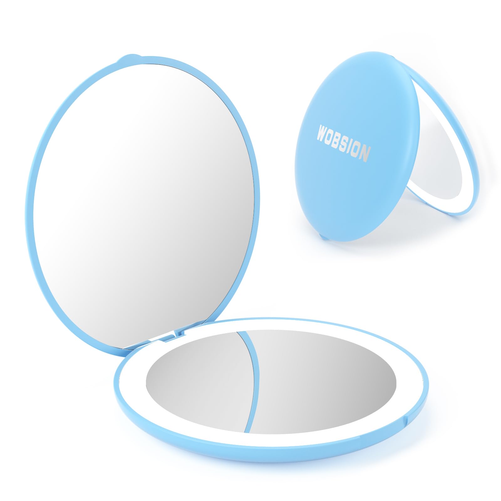 Wobsion Travel Makeup Mirror With Light, 1X/10X Compact Magnifying Mirror,Handheld 2-Sided Pocket Mirror,Led Small Mirror For Pu