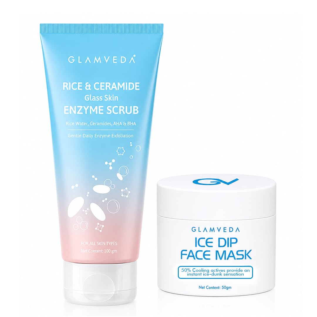 Glamveda Cooling & Glow Duo | Rice & Ceramide Enzyme Scrub + Ice Dip Cooling Face Mask | Exfoliate, Cool & Refresh | Korean Glas