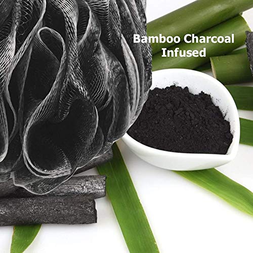 Loofah-Charcoal Bath-Sponge-Color-Set Xl-75G By Shower Bouquet - Extra Large 4 Pack, Soft Mesh Black Bamboo Loufa Puff - Exfolia