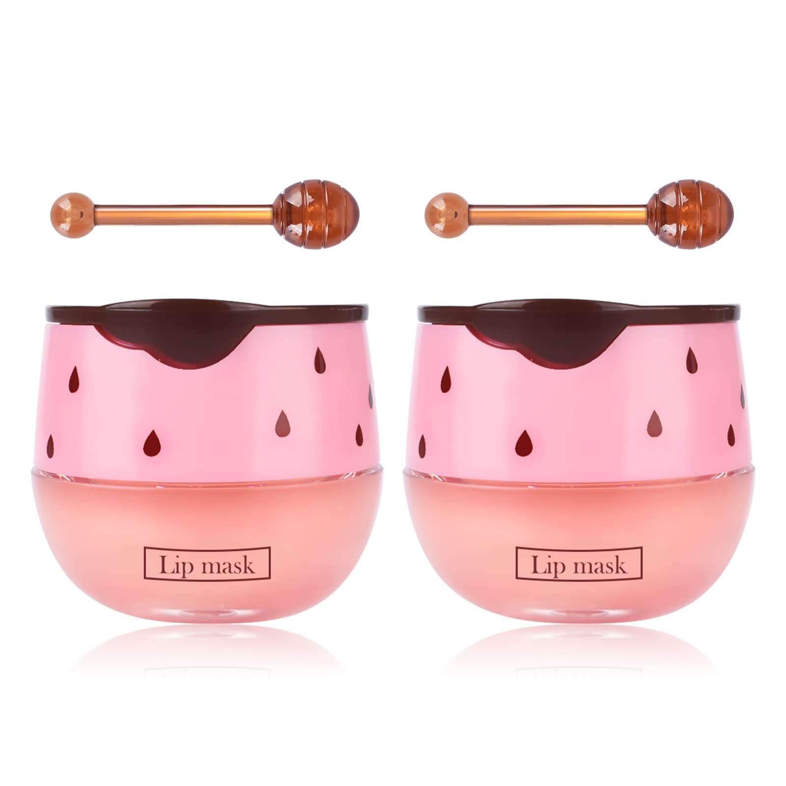 FREEORR 2PCs Strawberry Lip Sleeping Mask,Bee Lip Balm Honey Pot, Bee Lip Honey Pot with Wand Nourishes Lips, Overnight Strawber