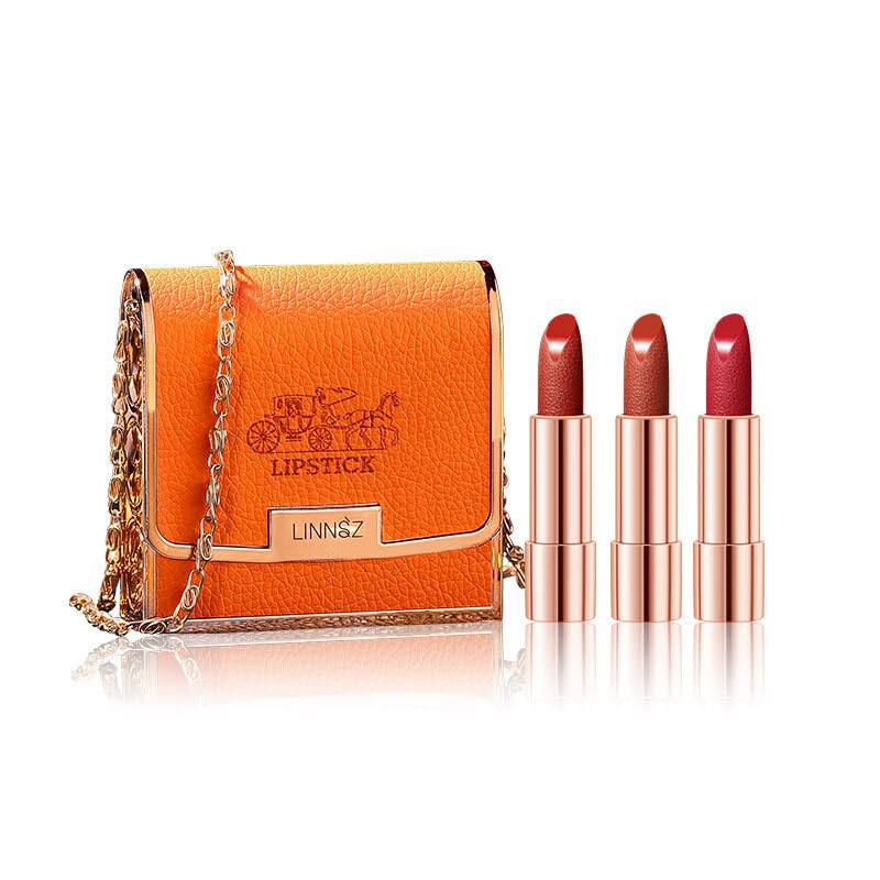 visualsource 3Pcs Lip Gloss Kit Yellow Leather Bag Box Makeup Korean Matte Lipstick Set Waterproof Long Lasting Leather Bag Velv