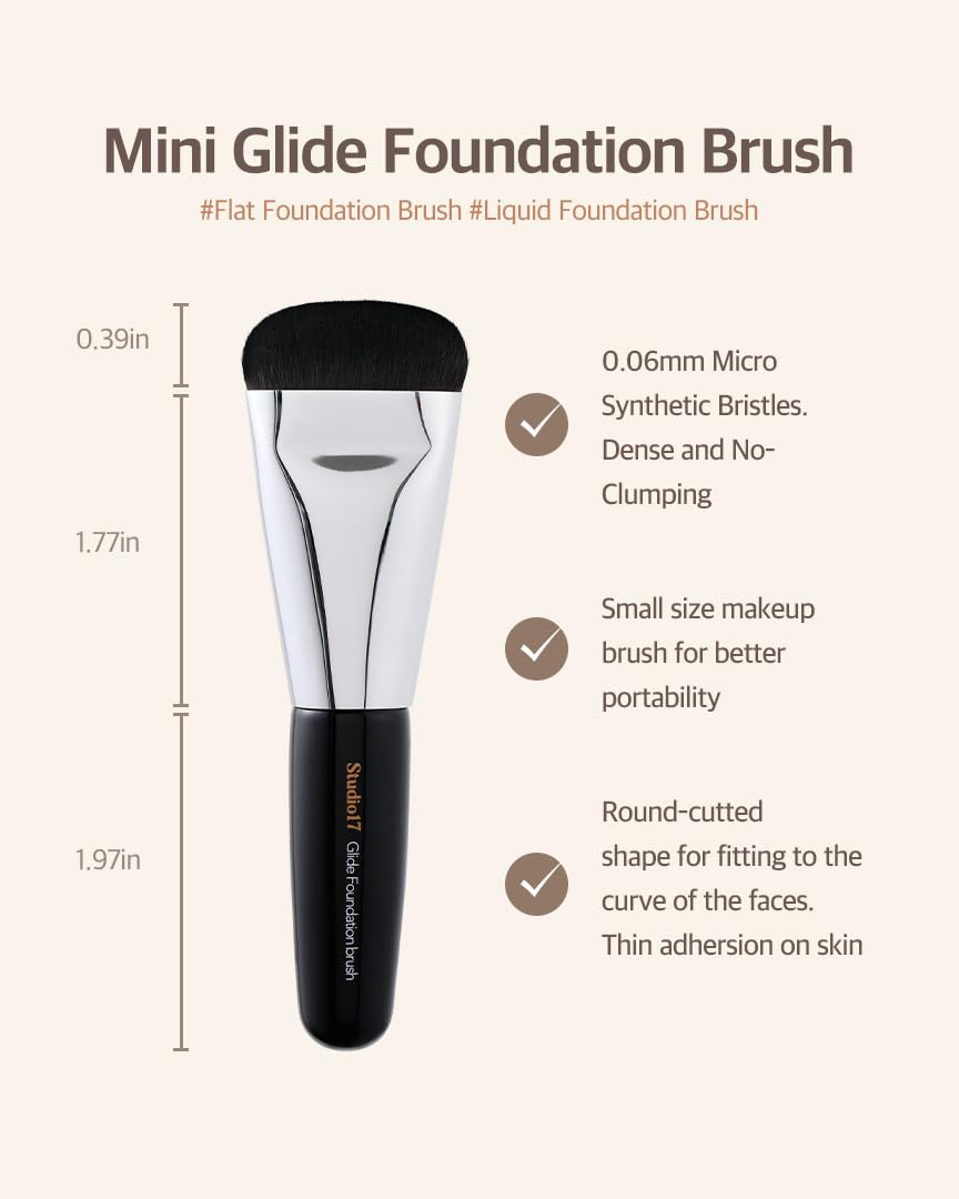 Studio17 Flat Foundation Brush & Small Puff Set | Small Makeup Brush Set with 4 Mini Sized Puffs | Kit for Liquid Foundation Mak