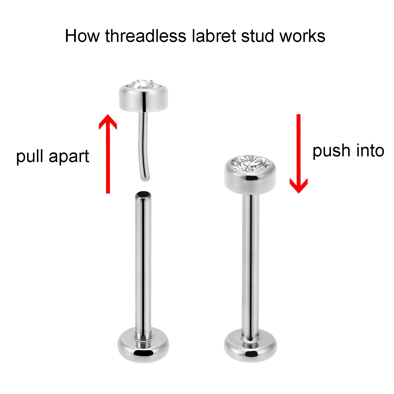 NewkeepsR 2PCS-1.0mm(18g) G23 Titanium Press Fit Threadless Push Pop In 2.5mm Flat Gem Top Flatback Labret Lip Monroe Stud Tragu