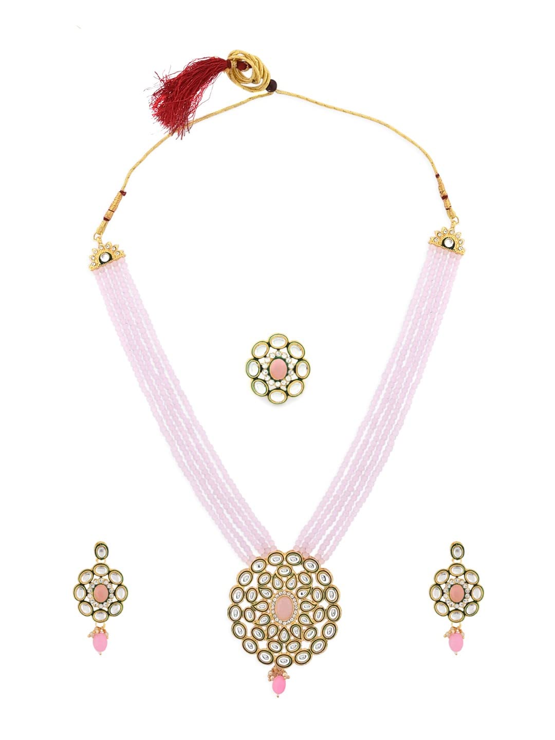 Zaveri Pearls Pink Crystals Beaded Multistrand Kundan Necklace Earring & Ring Set For WomenZpfk12476