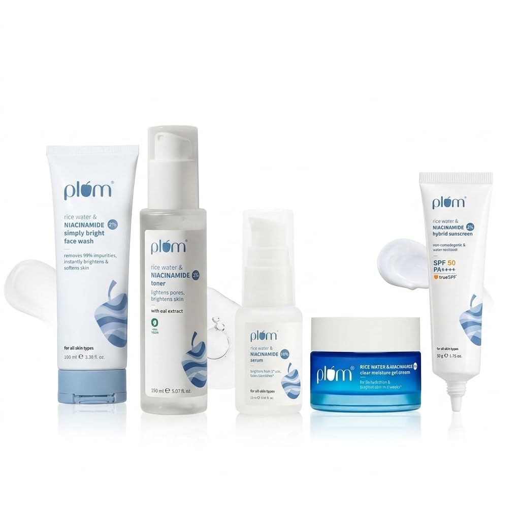 Plum Niacinamide & Rice Water Complete Glow Routine | Face Wash 100Ml, Toner 150Ml, Serum 15Ml, Moisturizer 50G & Spf 50 Sunscre