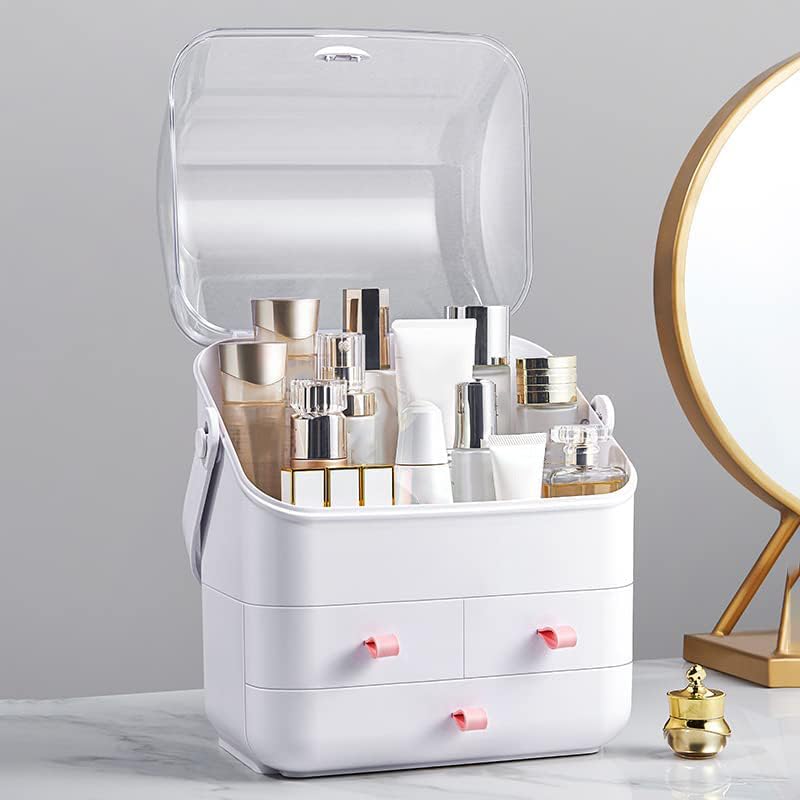Linfidite Cosmetic Storage Box With Lid Makeup Organizer Box With Dust Free Cover Portable Handle,Large Makeup Display Case With