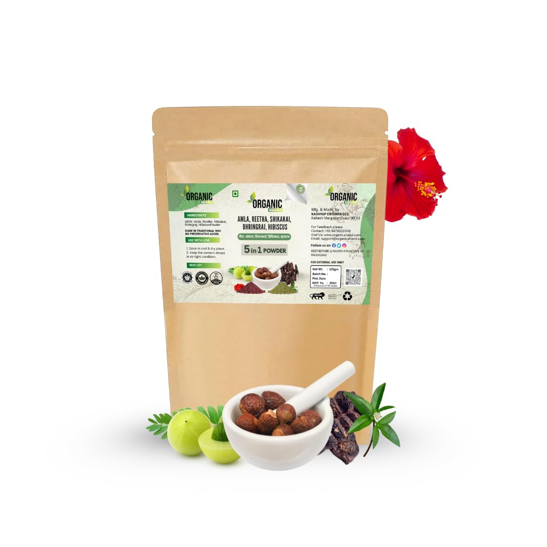 Organic Anand 100% Natural 5 In 1 Amla, Reetha, Shikakai, Bhringraj & Hibiscus Powder  100% Herbal Hair Care Blend For Hair Gro