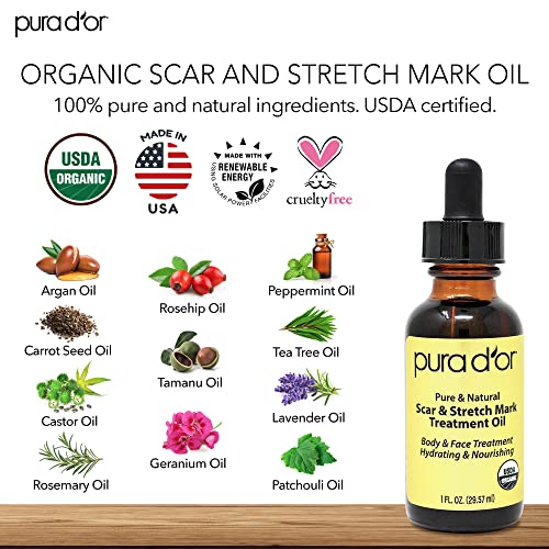 PURA D'OR Organic Scar & Stretch Mark Treatment Oil (1oz) For Skin - With Rosehip, Wheat Germ, Argan, Tamanu, Carrot, Rosemary,
