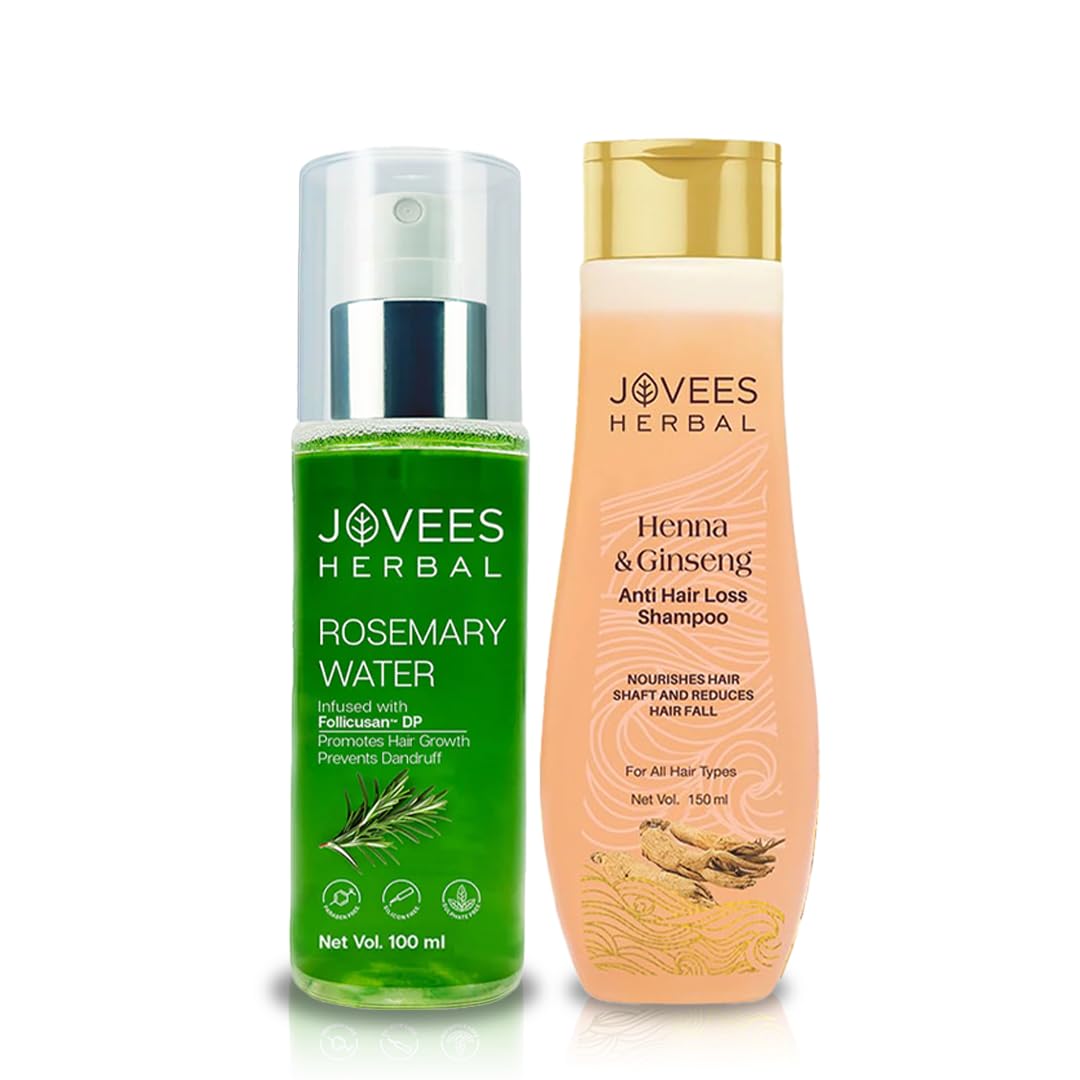 Jovees Herbal Rosemary Water Hair Growth Spray 100Ml With Henna & Ginseng Anti Hair Loss Shampoo 150Ml For Reduce Hair Fall & Bo
