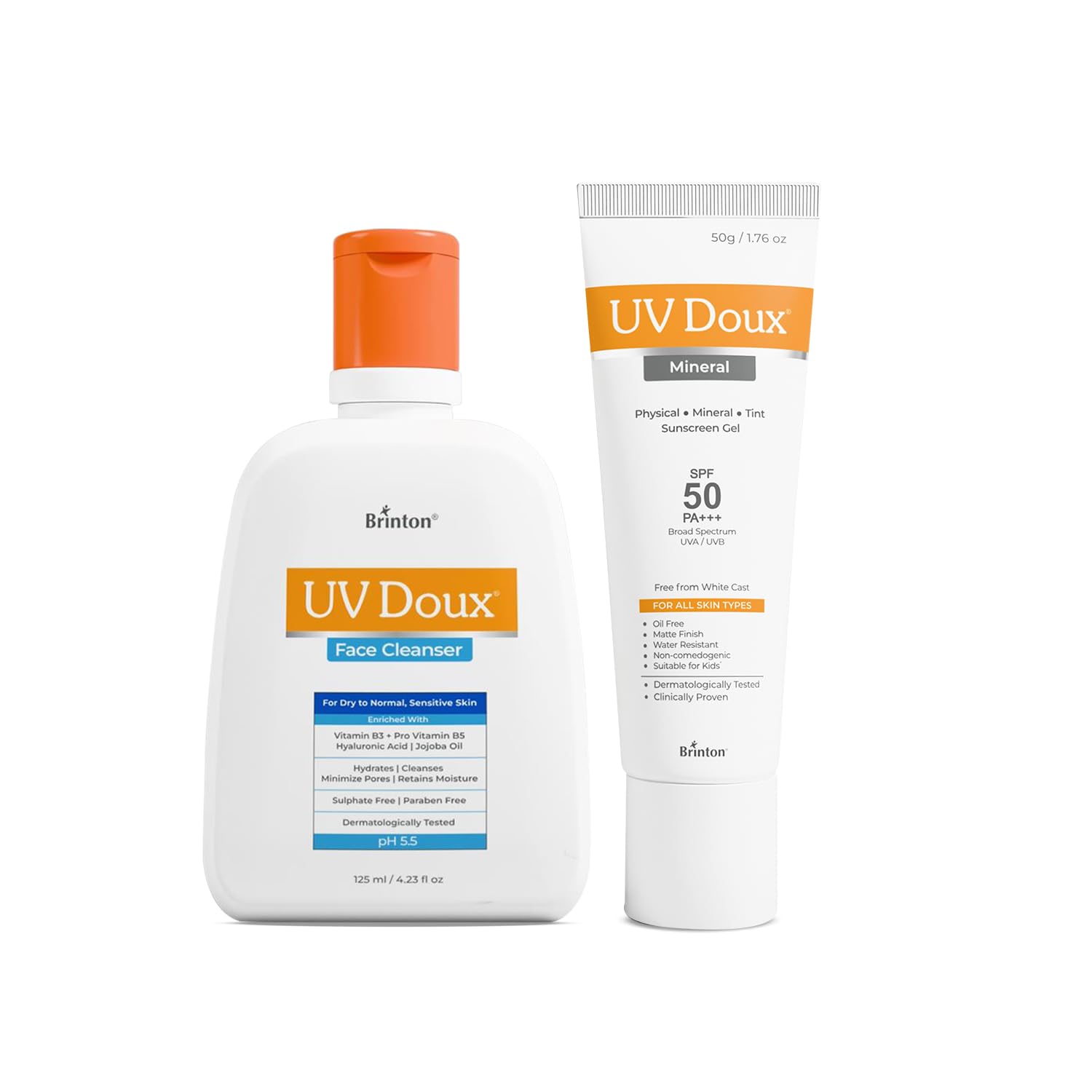 Brinton UV Doux Face Cleanser (125ml) + Brinton UV Doux Mineral Sunscreen Gel SPF 50 PA+++ (50g) with Zinc Oxide and Titanium Di