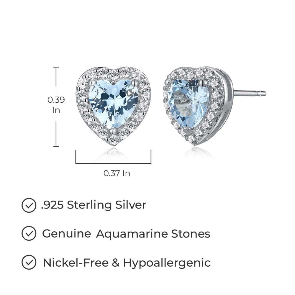 Amazon Essentials Sterling Silver Created Aquamarine and Created White Sapphire Halo Heart Stud Earrings, (previously Amazon Col
