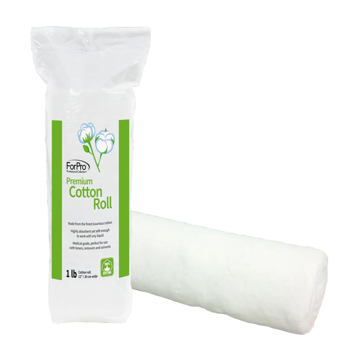 ForPro Professional Collection Premium Cotton Roll for Cosmetic Application and Product Removal, White, 12    Wide, 1 Lb.