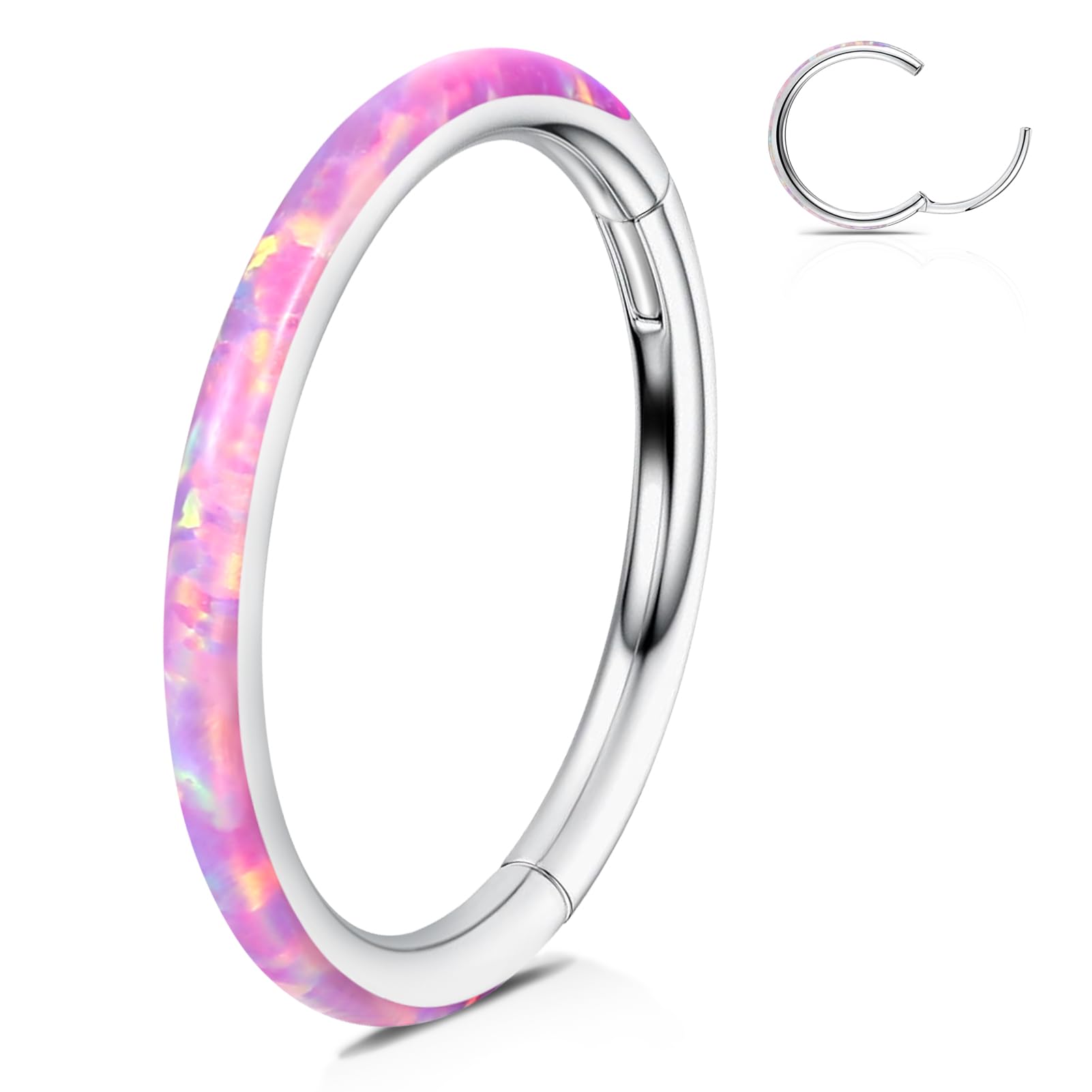 WBRWP 316L Stainless-Steel Hinged Nose-Rings-Hoop : 20G(0.8mm) Womens Body Pierecing Ring with Pink Opal Segment Ring Lip Rings 