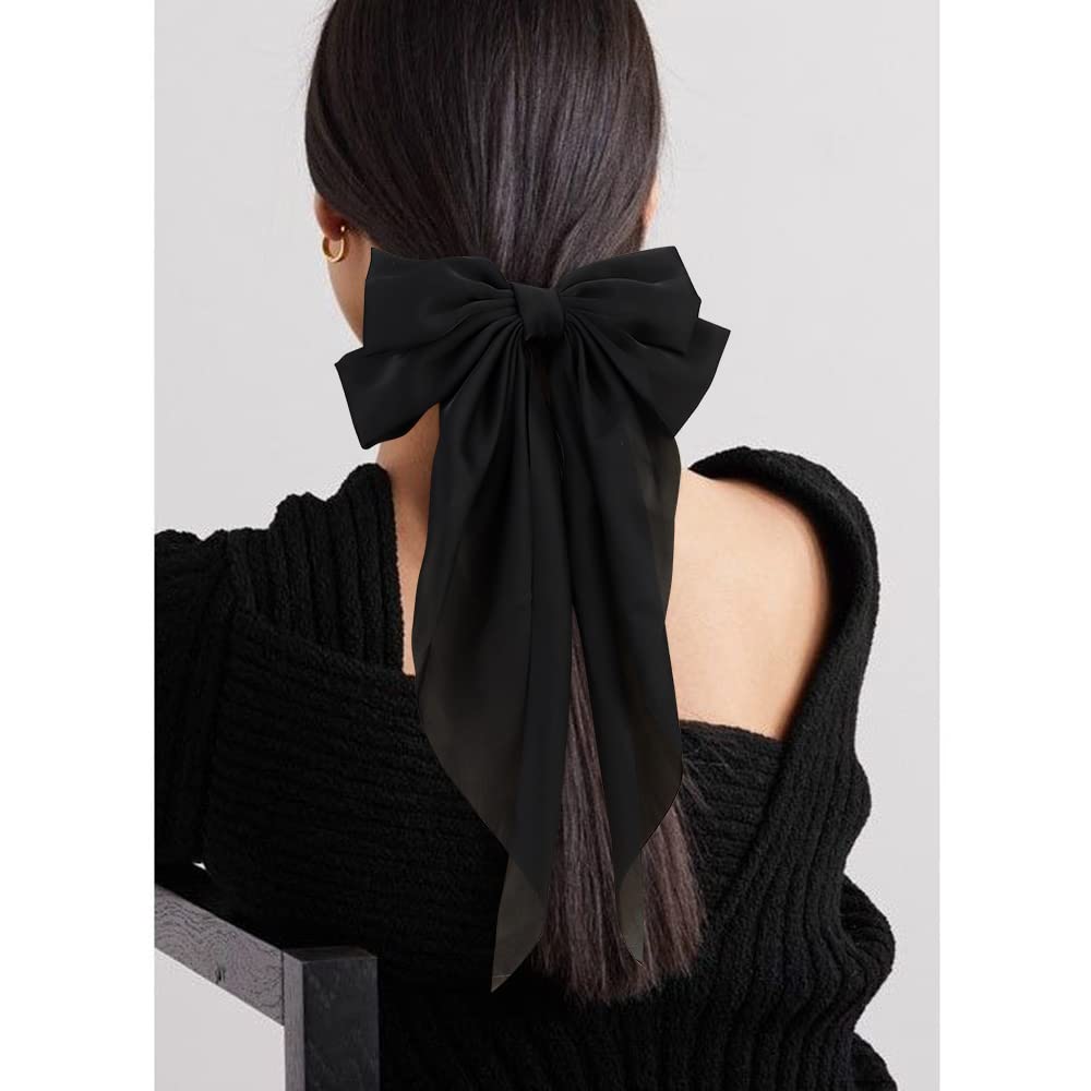 Atoden Oversized Long Tail Bowknot Barrettes - Black Silky Satin Hair Accessories For Women, 4Pcs Metal Clips For Girls